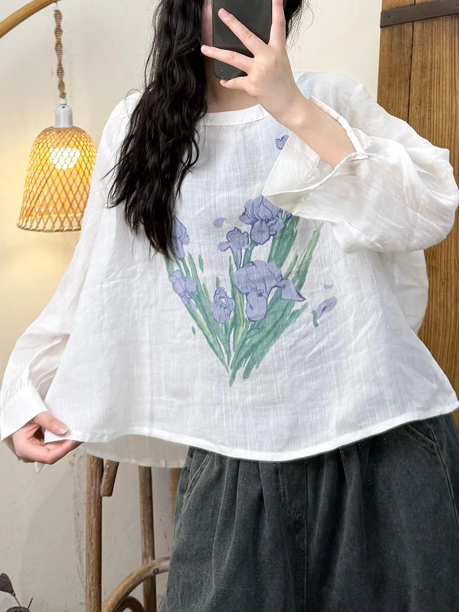 Women Spring Artsy O-Neck Flower Strap Linen Shirt