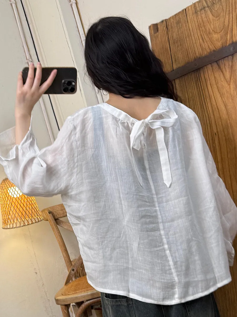 Women Spring Artsy O-Neck Flower Strap Linen Shirt