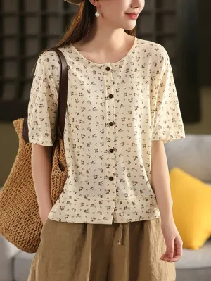 Women Summer Artsy Floral O-Neck Linen Shirt