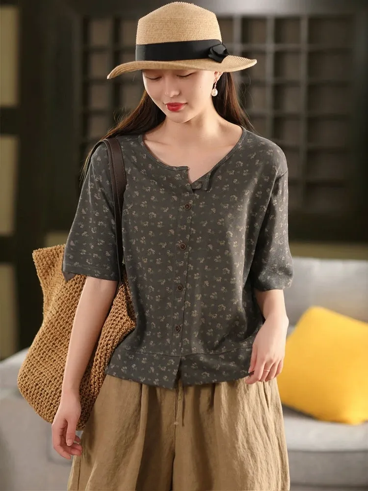 Women Summer Artsy Floral O-Neck Linen Shirt