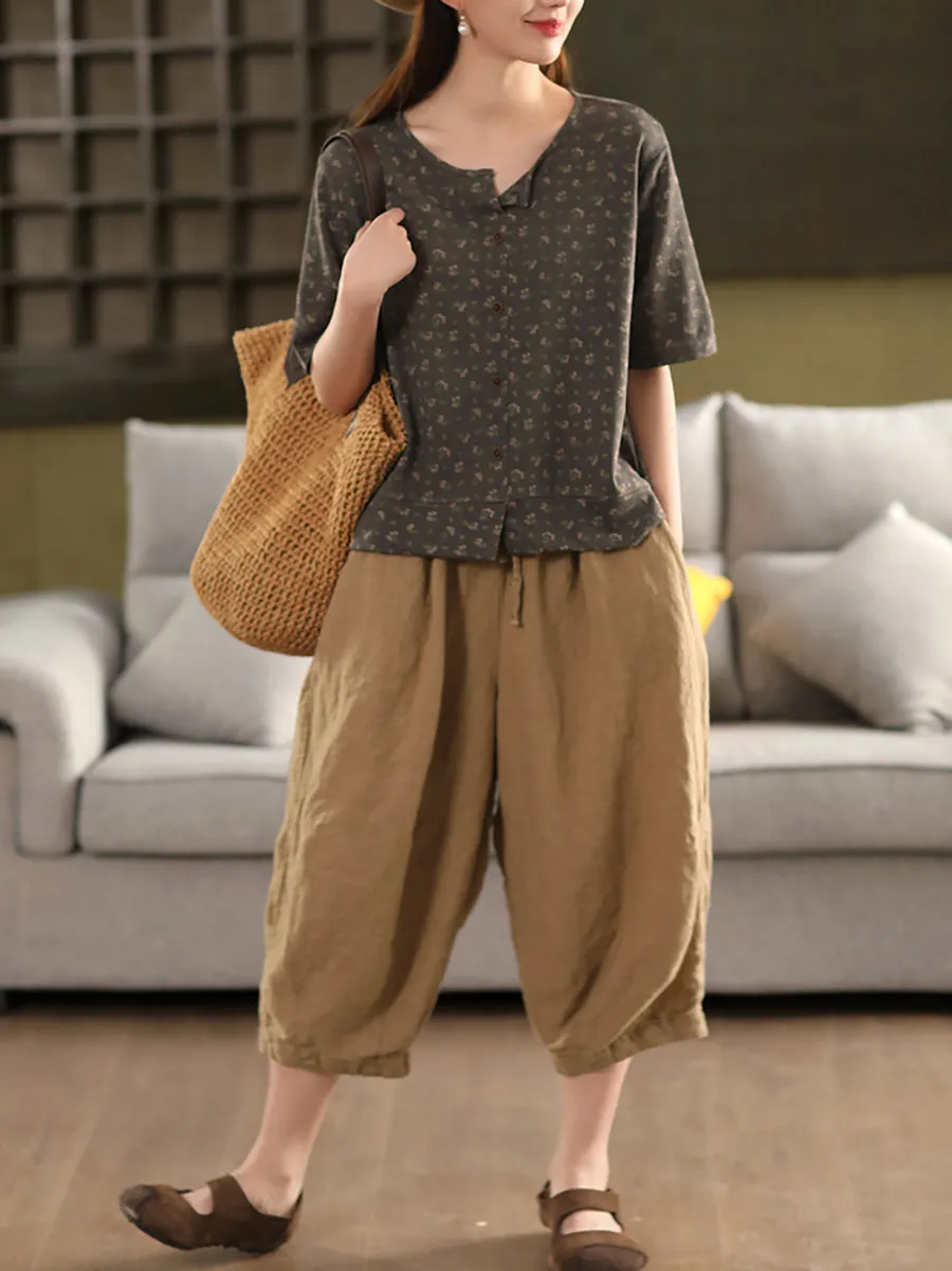 Women Summer Artsy Floral O-Neck Linen Shirt