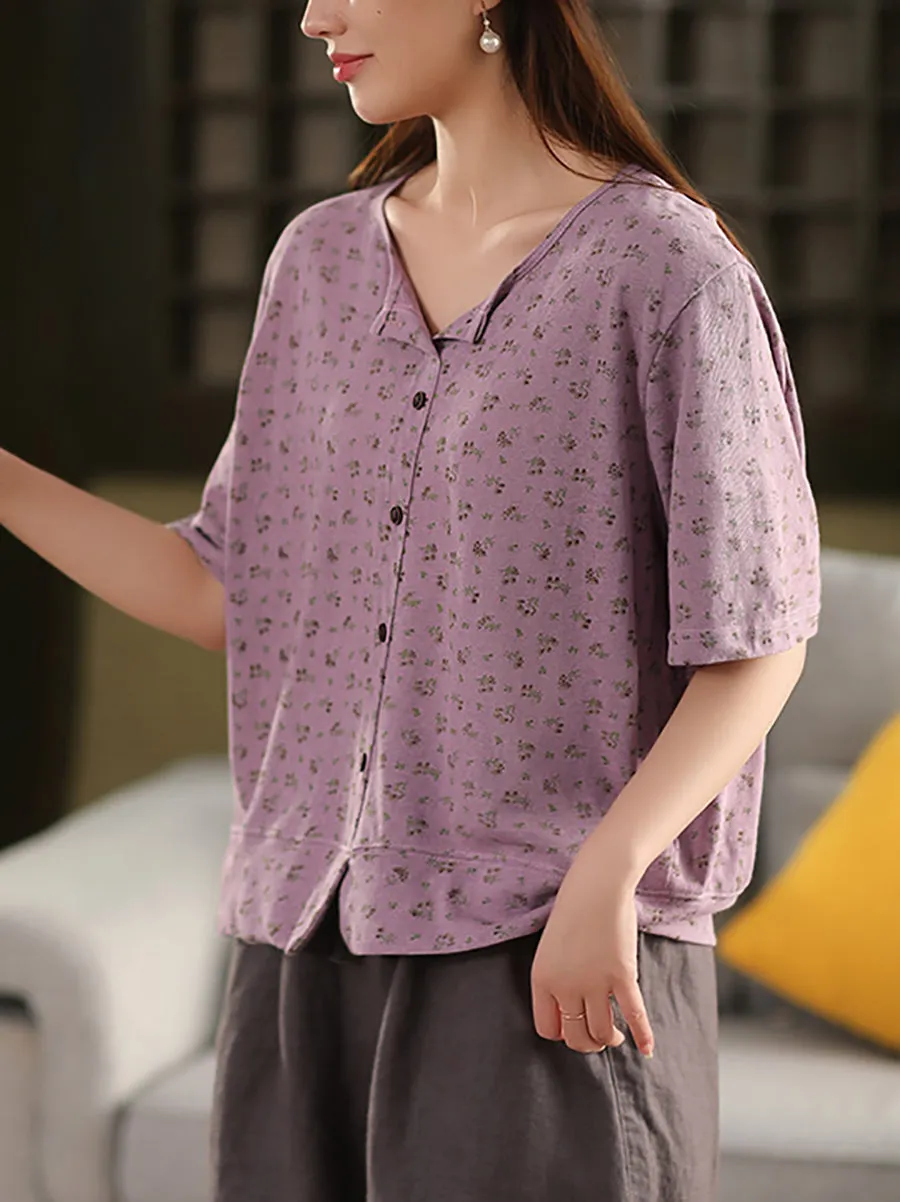 Women Summer Artsy Floral O-Neck Linen Shirt