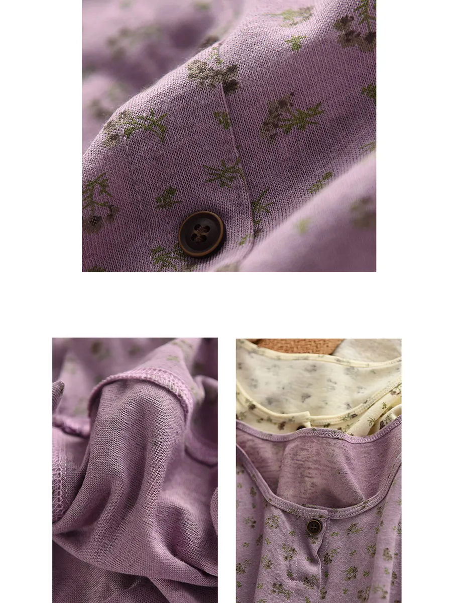 Women Summer Artsy Floral O-Neck Linen Shirt