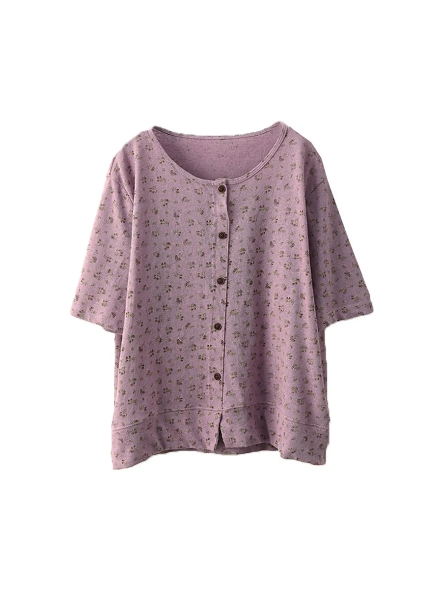 Women Summer Artsy Floral O-Neck Linen Shirt