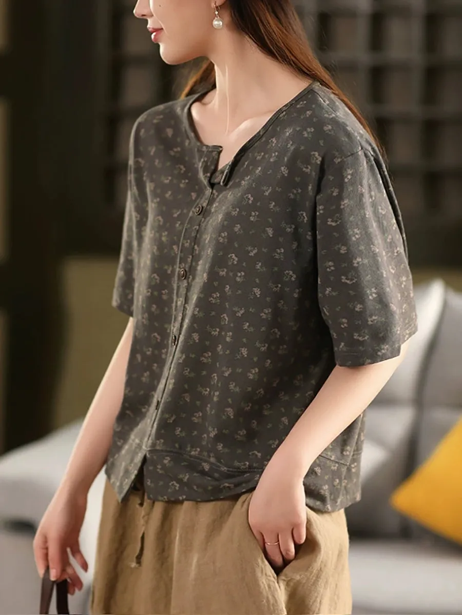 Women Summer Artsy Floral O-Neck Linen Shirt