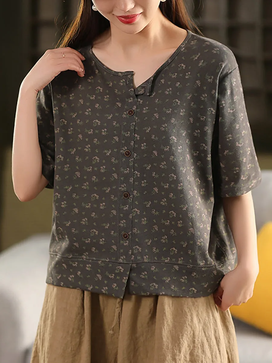 Women Summer Artsy Floral O-Neck Linen Shirt
