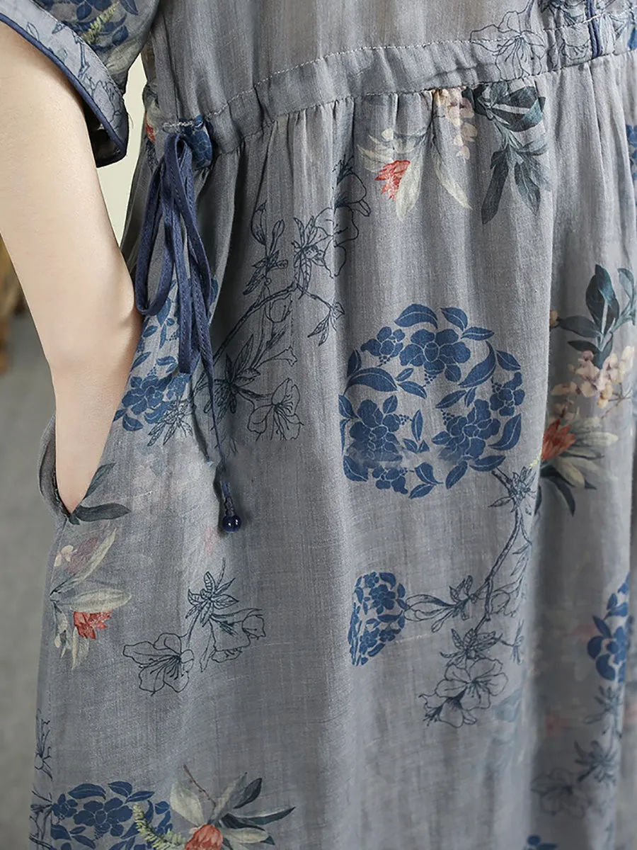 Women Summer Artsy Flower O-Neck 100%Ramie Dress