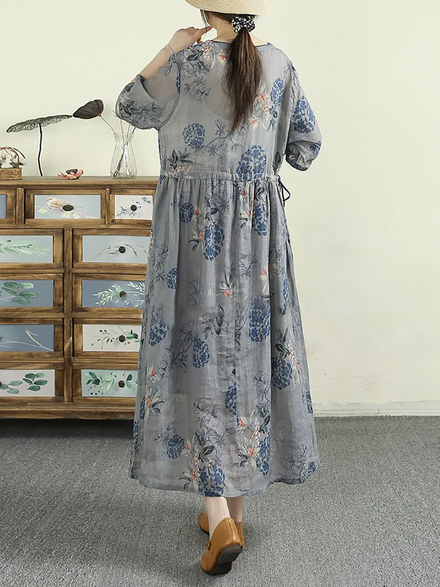 Women Summer Artsy Flower O-Neck 100%Ramie Dress