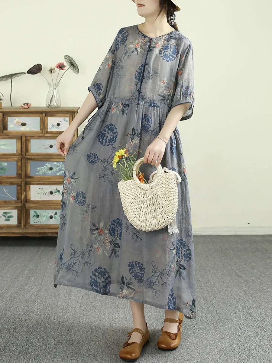 Women Summer Artsy Flower O-Neck 100%Ramie Dress