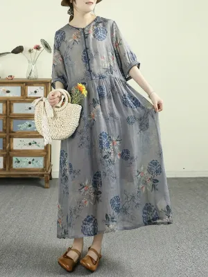 Women Summer Artsy Flower O-Neck 100%Ramie Dress