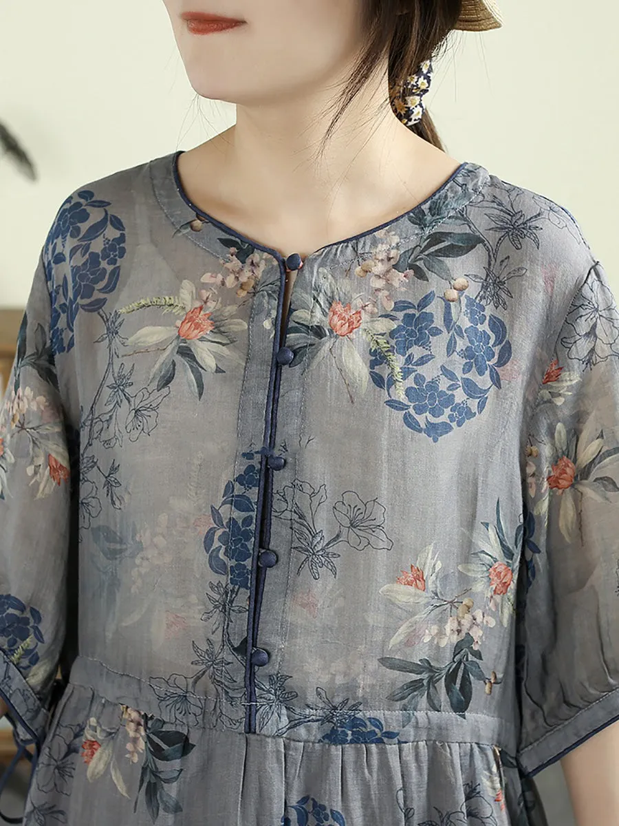 Women Summer Artsy Flower O-Neck 100%Ramie Dress