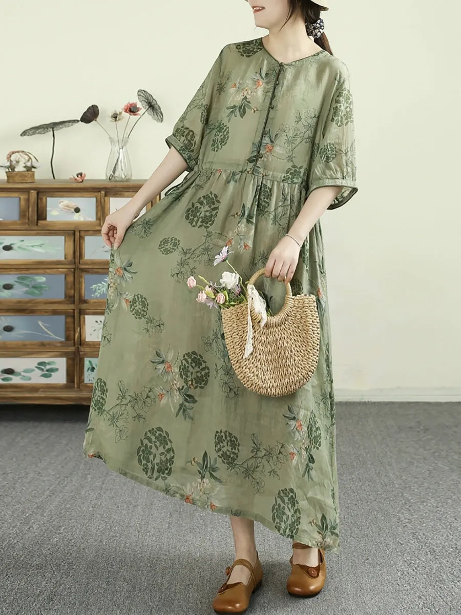 Women Summer Artsy Flower O-Neck 100%Ramie Dress