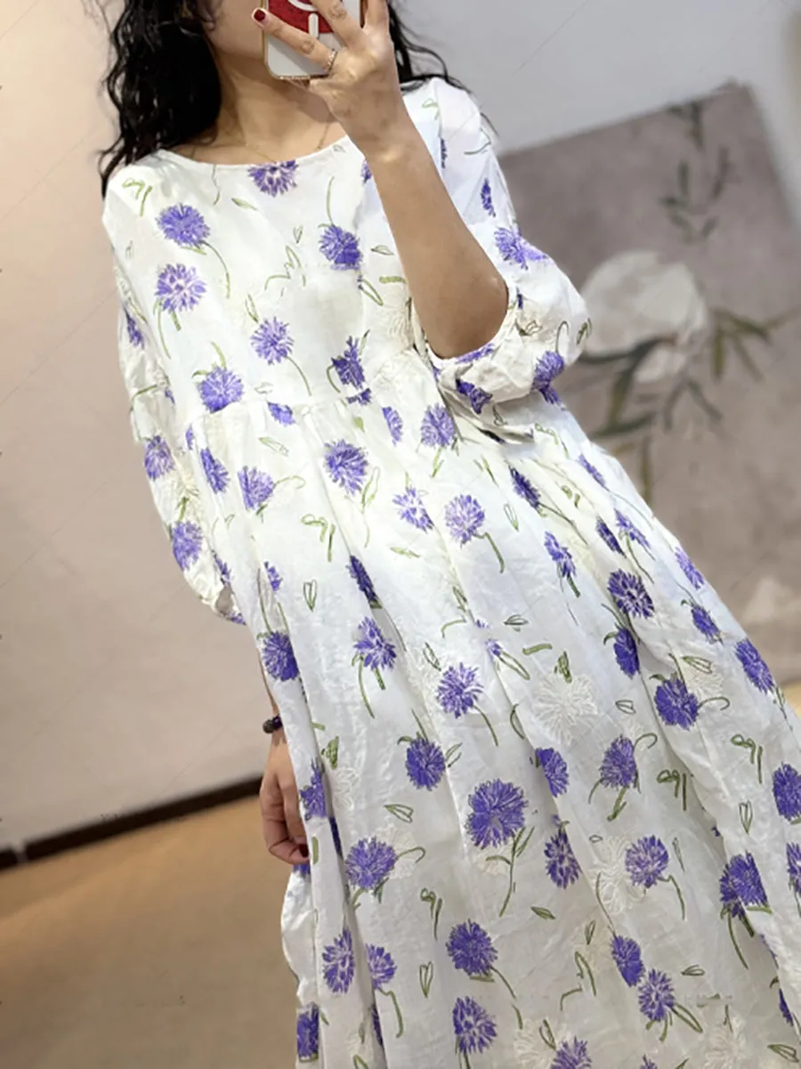 Women Summer Artsy Flower O-Neck Dress