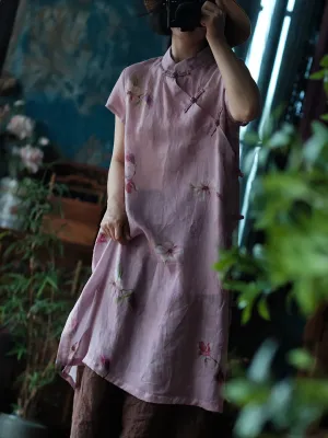 Women Summer Artsy Flower Stand Collar Ramie Dress