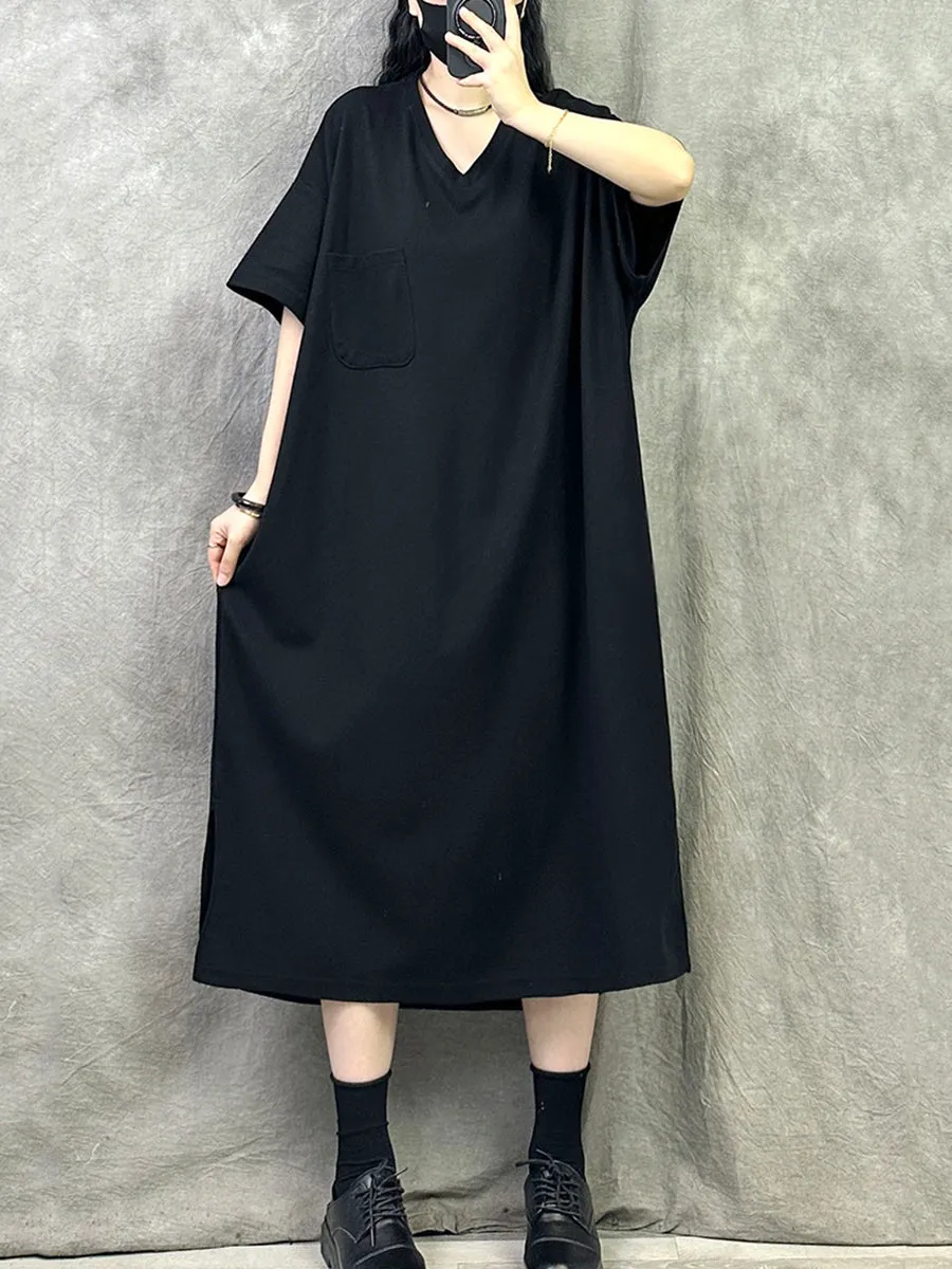 Women Summer Casual Pure Color V-Neck Cotton Dress