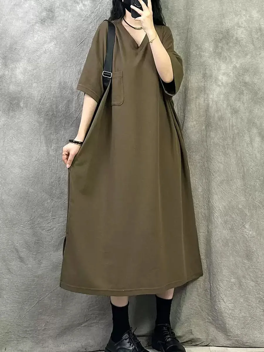 Women Summer Casual Pure Color V-Neck Cotton Dress