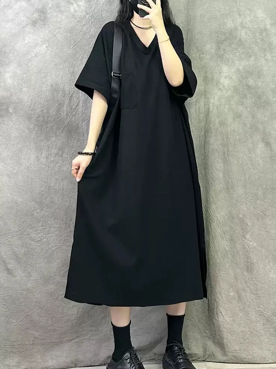 Women Summer Casual Pure Color V-Neck Cotton Dress