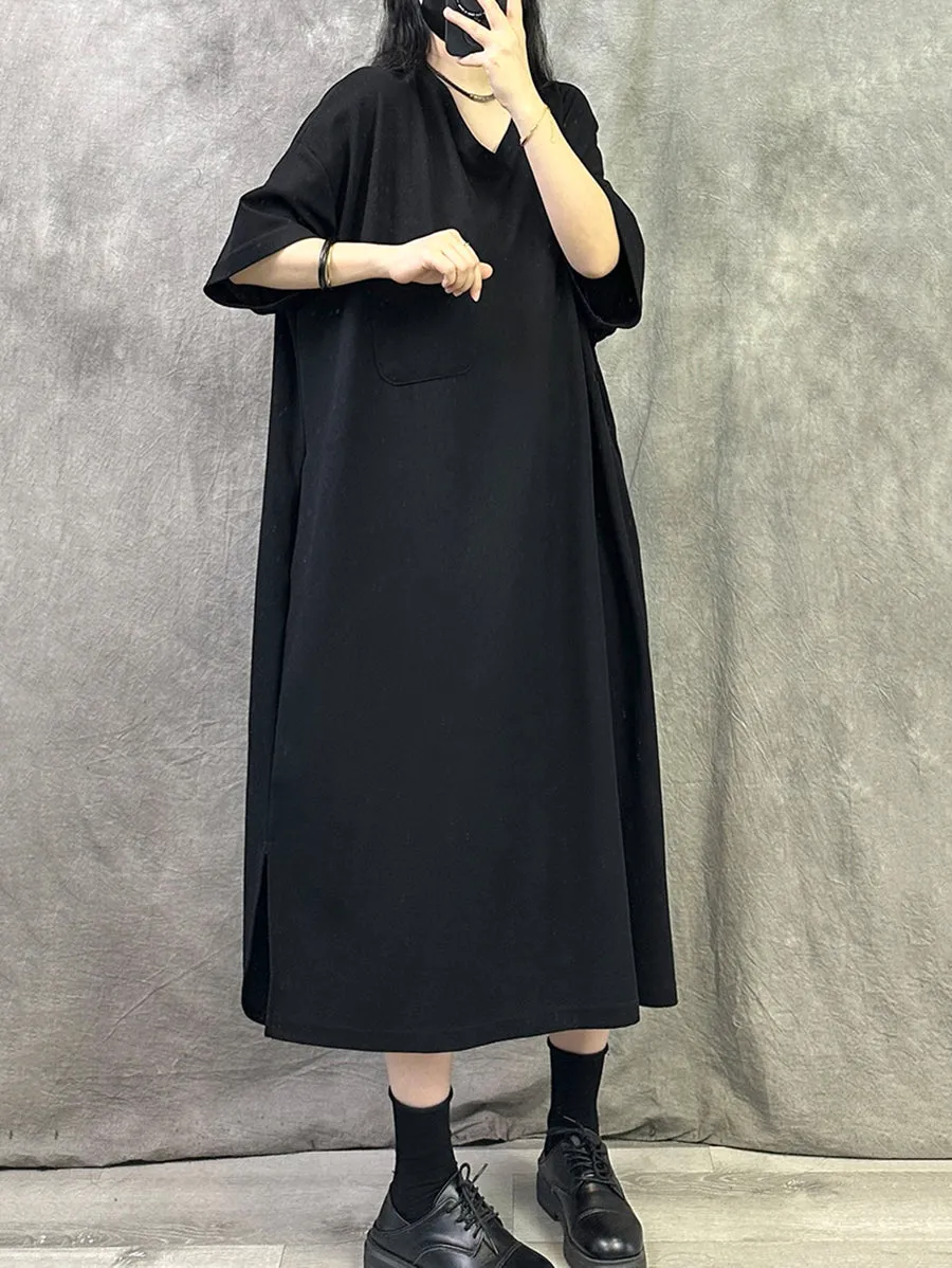 Women Summer Casual Pure Color V-Neck Cotton Dress