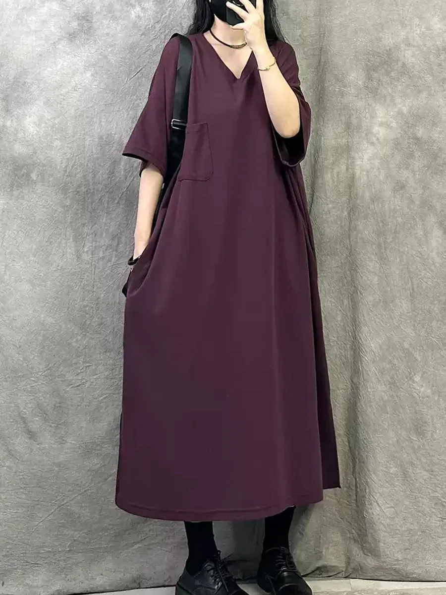 Women Summer Casual Pure Color V-Neck Cotton Dress