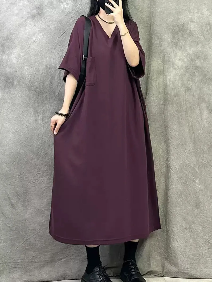 Women Summer Casual Pure Color V-Neck Cotton Dress