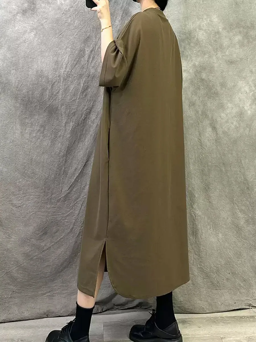 Women Summer Casual Pure Color V-Neck Cotton Dress