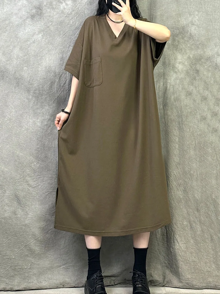 Women Summer Casual Pure Color V-Neck Cotton Dress