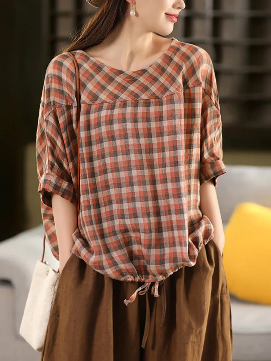 Women Summer Plaid O-Neck Adjustable Hem Shirt