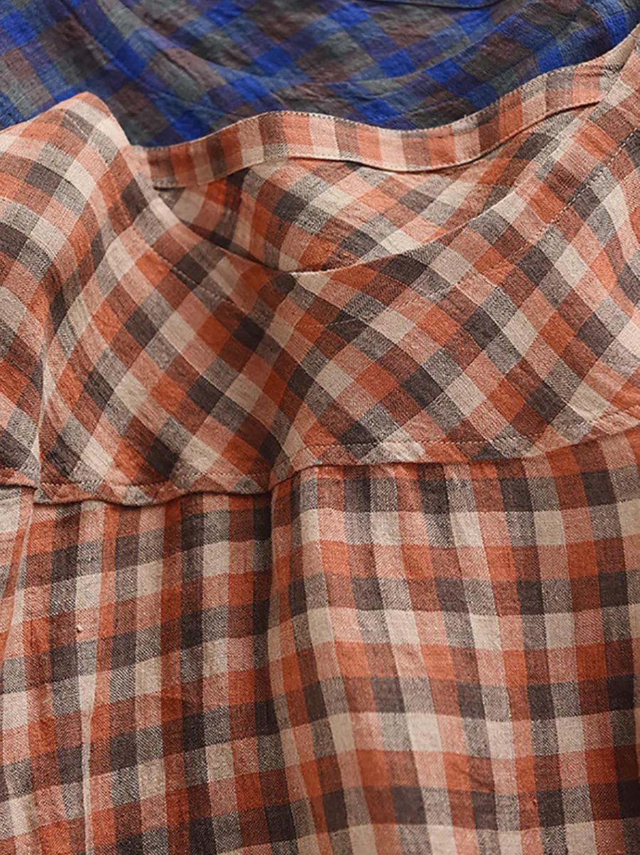 Women Summer Plaid O-Neck Adjustable Hem Shirt