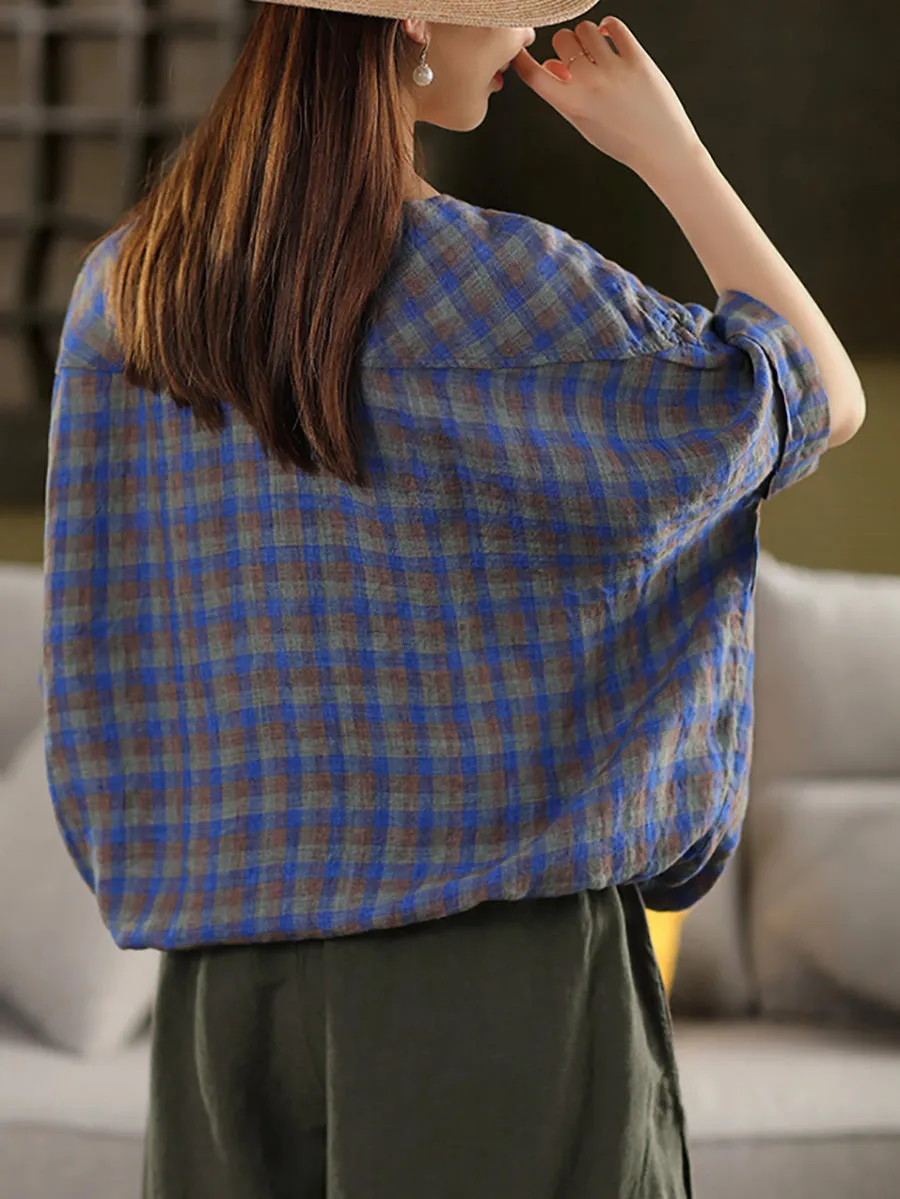 Women Summer Plaid O-Neck Adjustable Hem Shirt