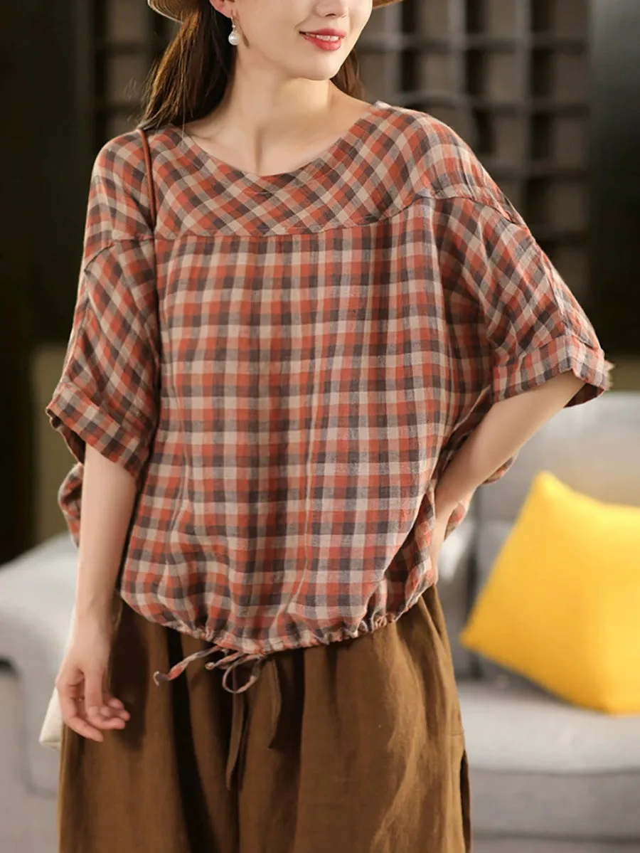Women Summer Plaid O-Neck Adjustable Hem Shirt