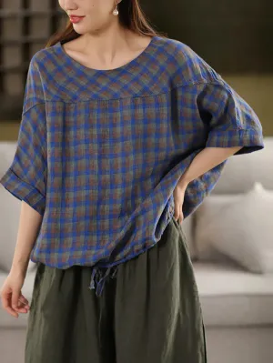 Women Summer Plaid O-Neck Adjustable Hem Shirt