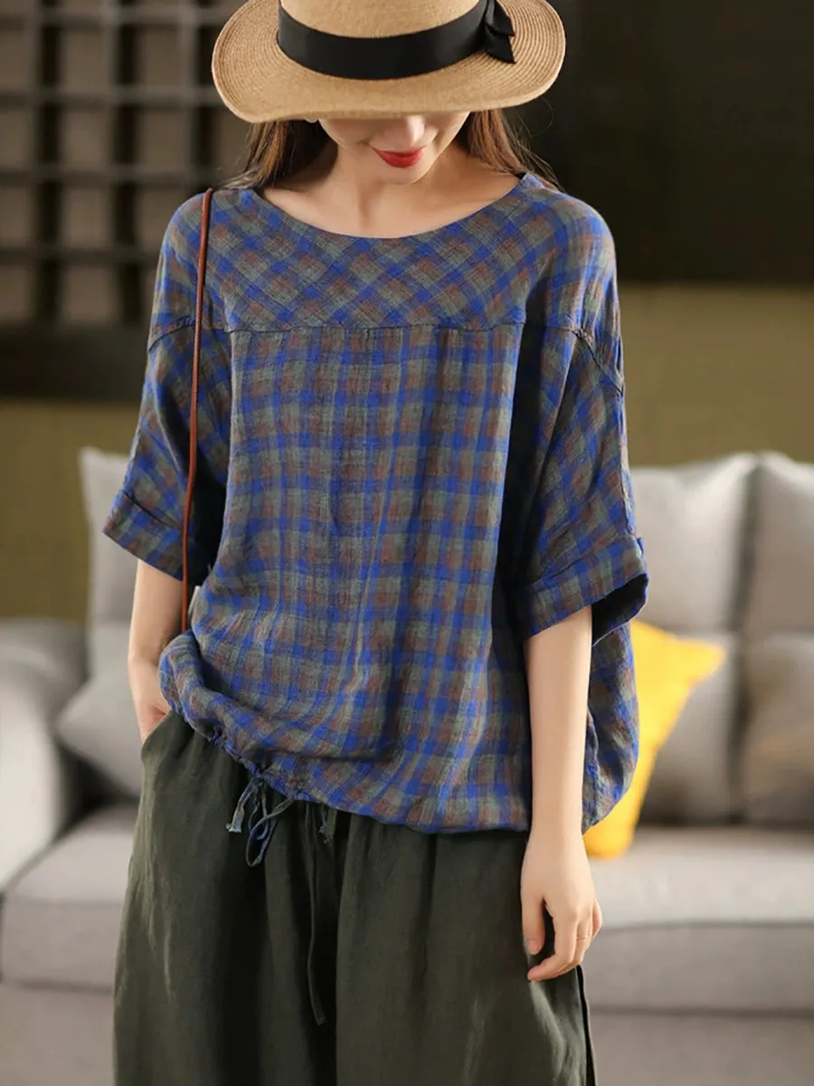 Women Summer Plaid O-Neck Adjustable Hem Shirt