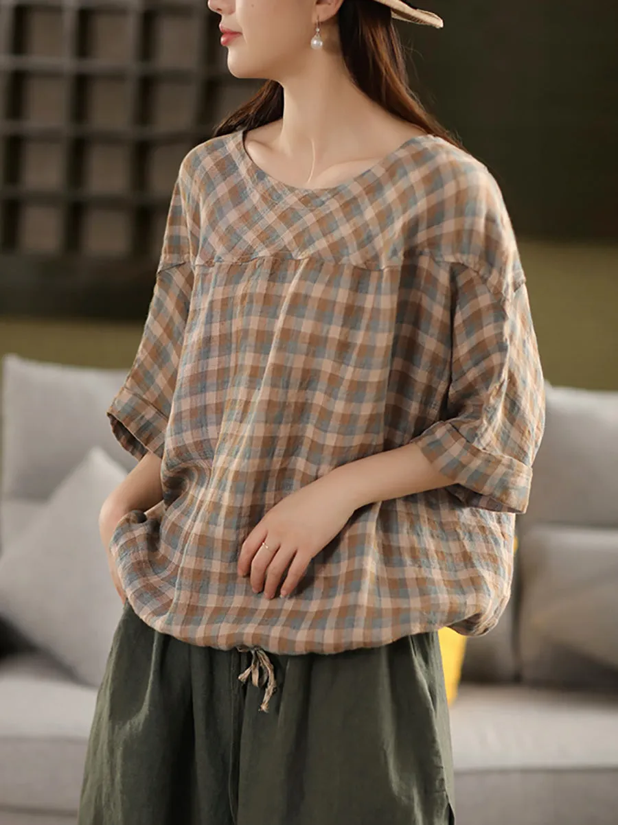 Women Summer Plaid O-Neck Adjustable Hem Shirt