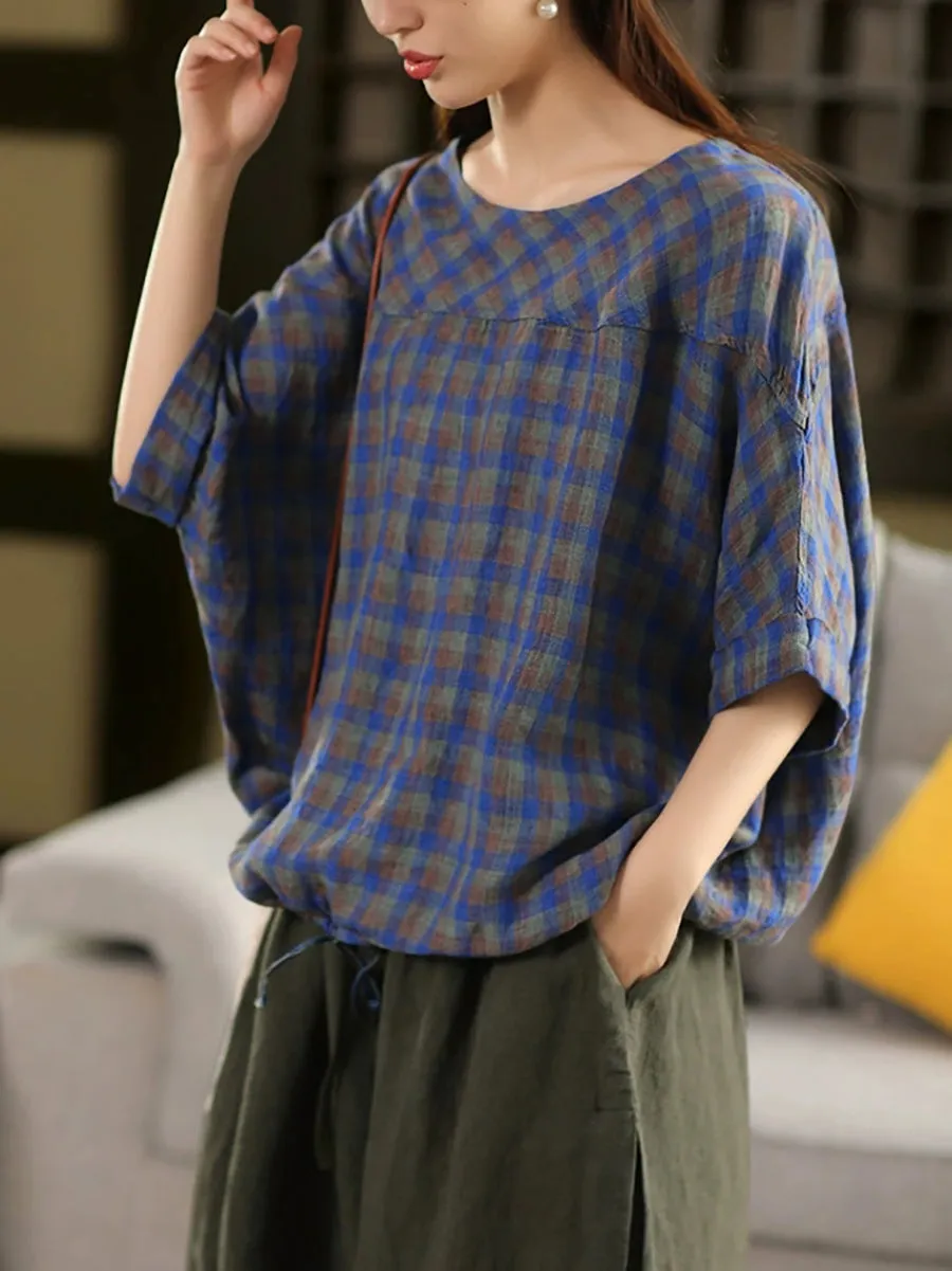 Women Summer Plaid O-Neck Adjustable Hem Shirt