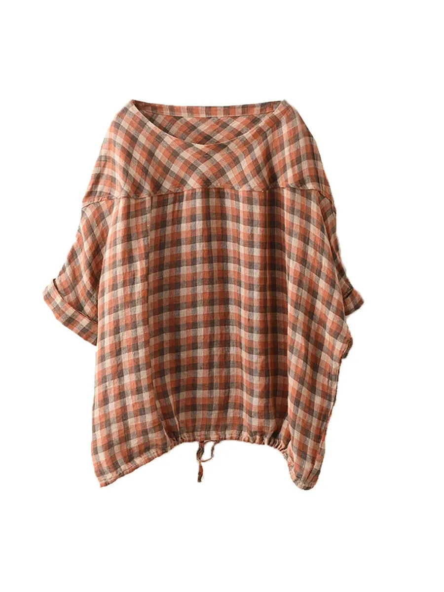 Women Summer Plaid O-Neck Adjustable Hem Shirt