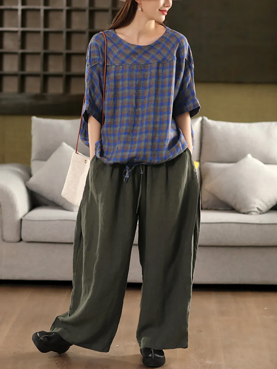 Women Summer Plaid O-Neck Adjustable Hem Shirt