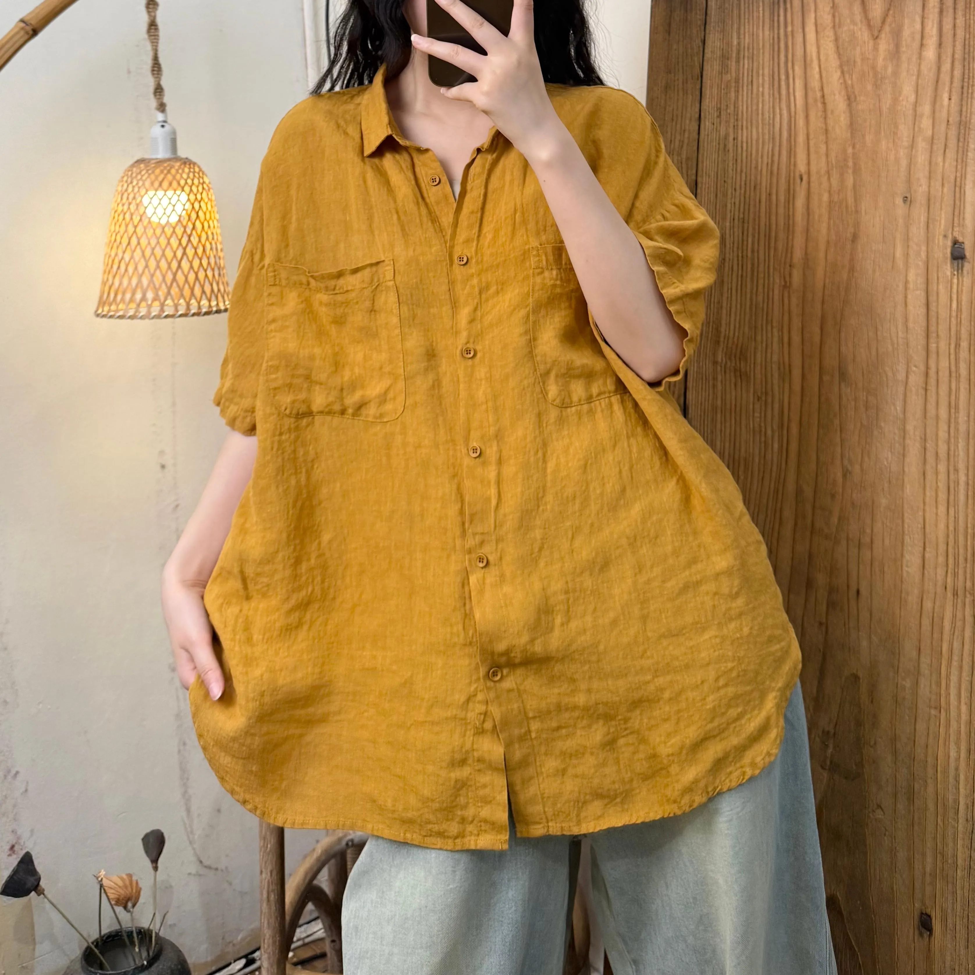 Women Summer Pure Color Turn-down Collar Linen Shirt