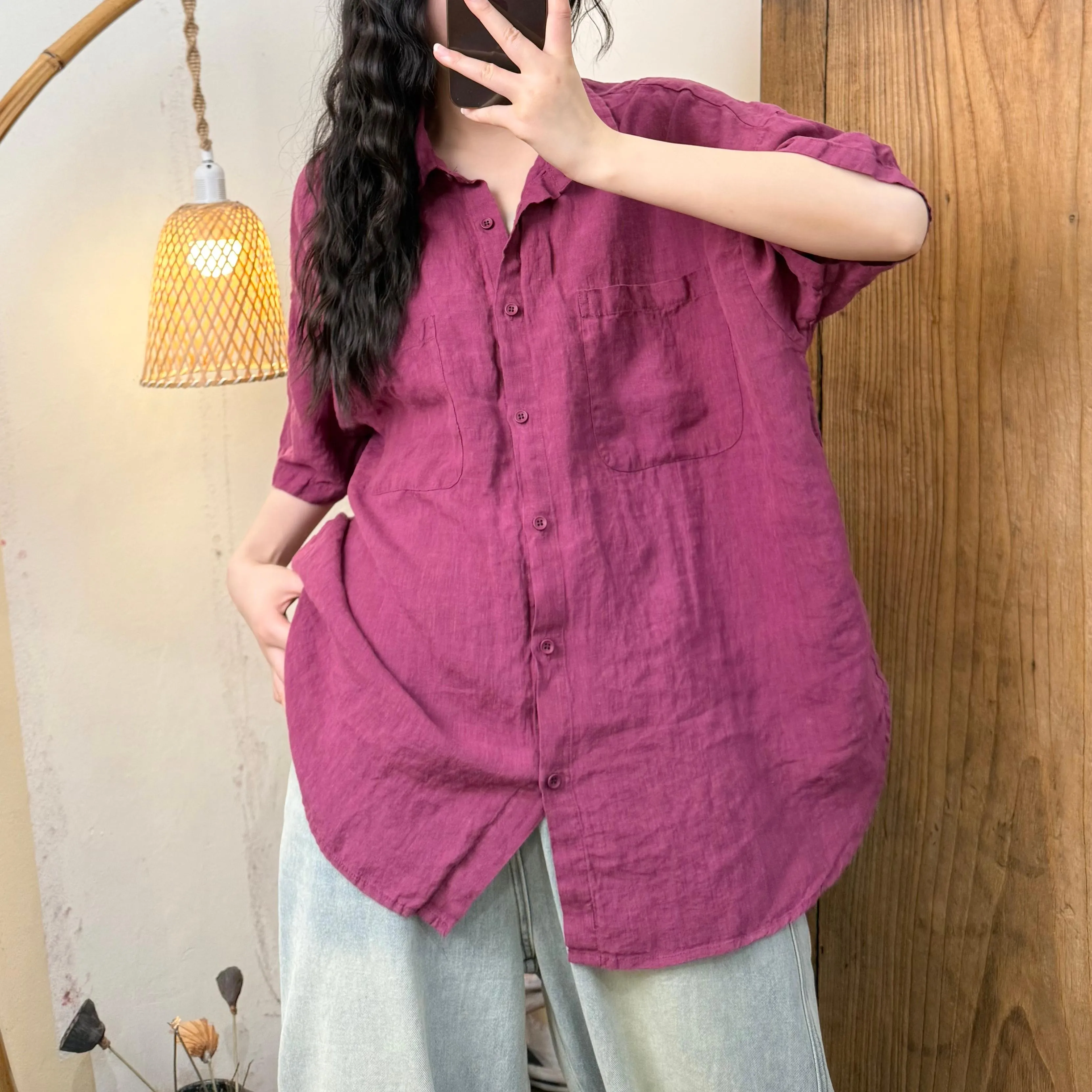 Women Summer Pure Color Turn-down Collar Linen Shirt