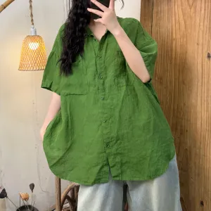 Women Summer Pure Color Turn-down Collar Linen Shirt