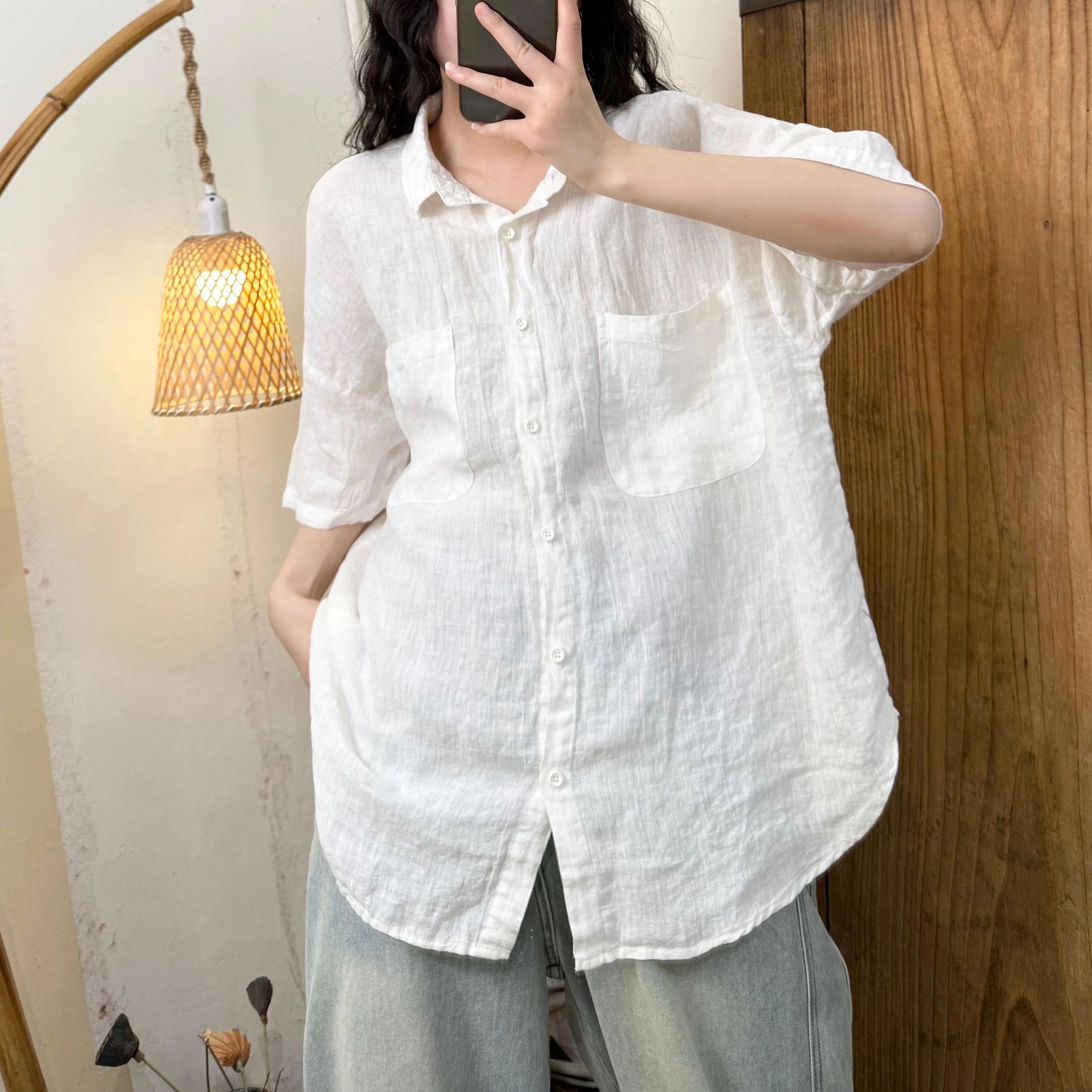 Women Summer Pure Color Turn-down Collar Linen Shirt