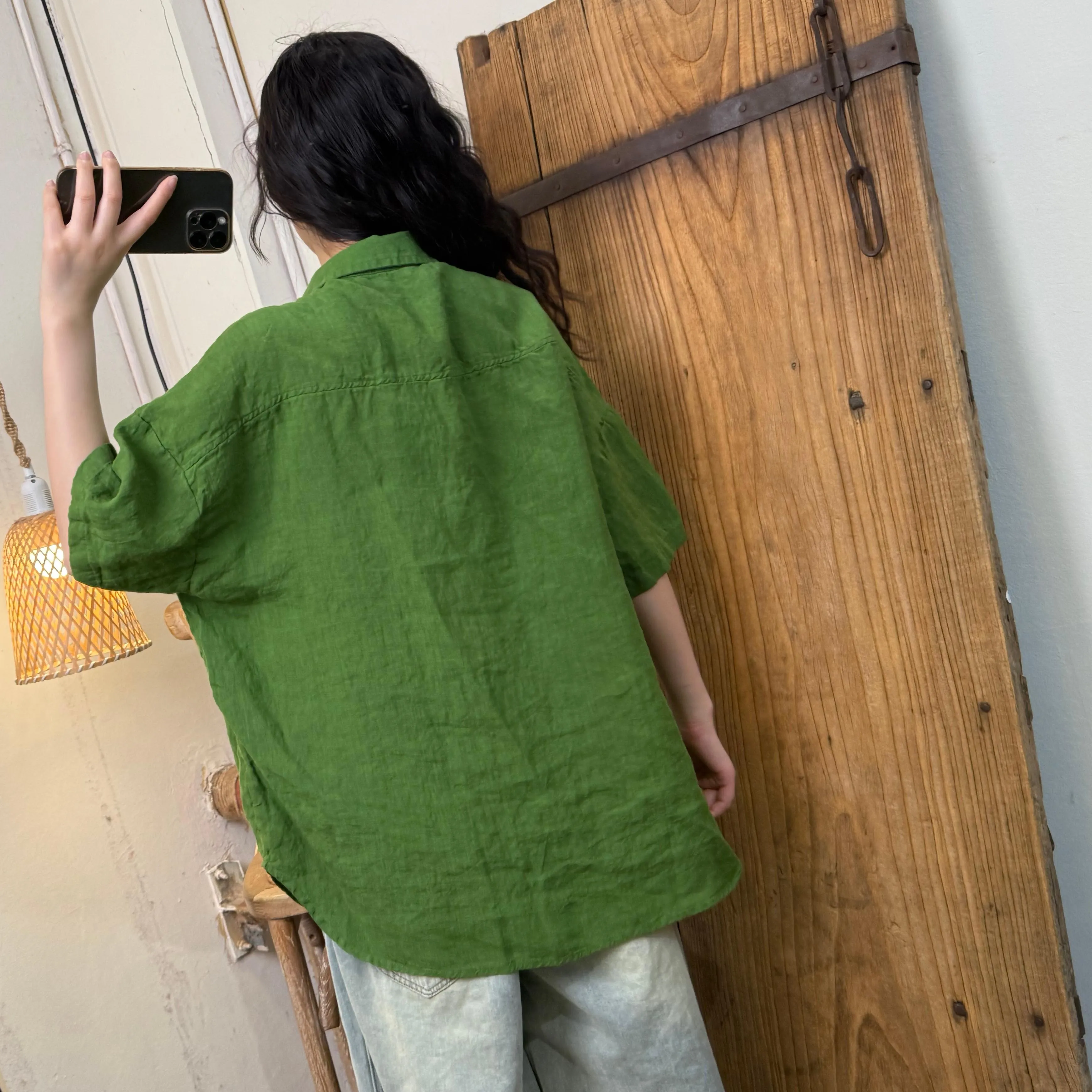 Women Summer Pure Color Turn-down Collar Linen Shirt