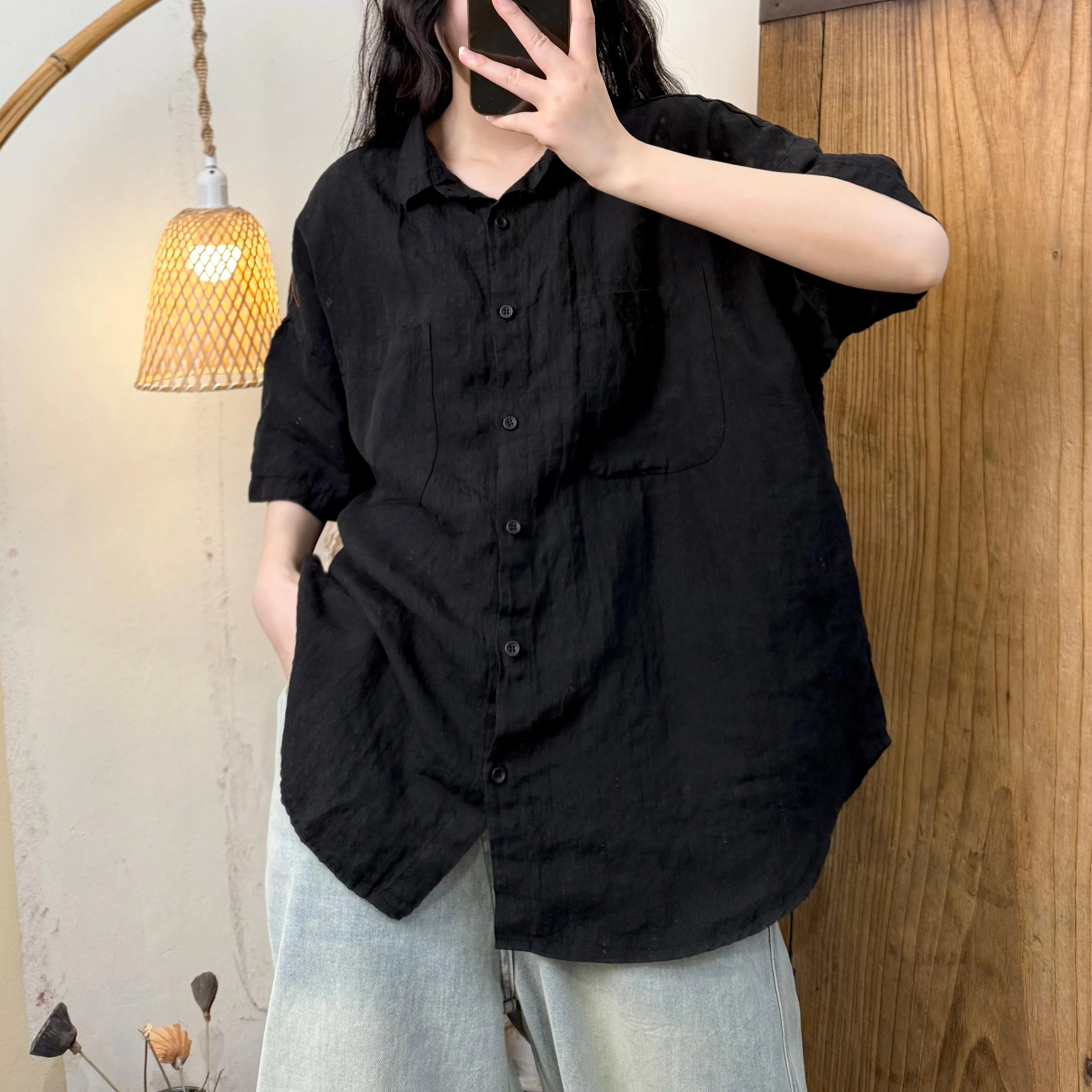 Women Summer Pure Color Turn-down Collar Linen Shirt