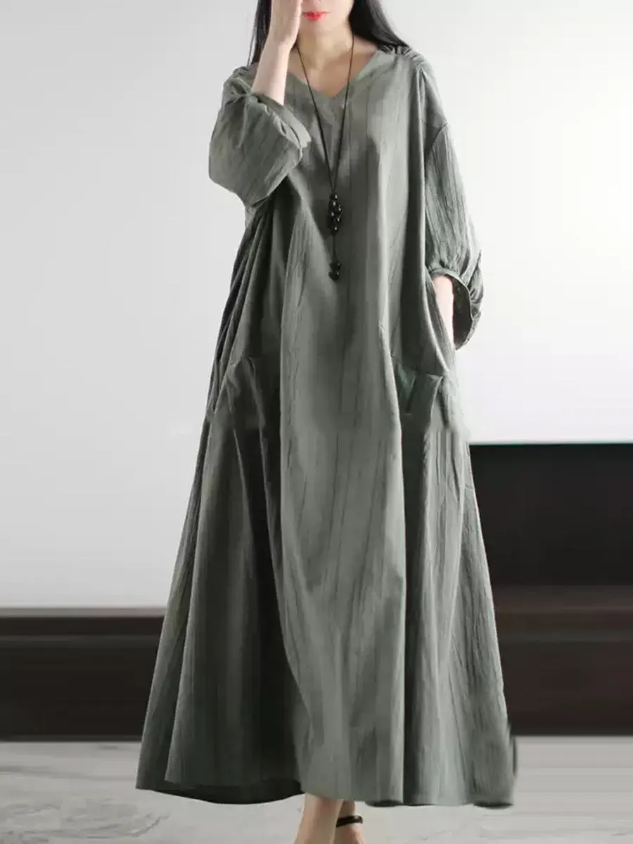 Women Summer Pure Color V-Neck Loose Dress