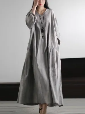 Women Summer Pure Color V-Neck Loose Dress