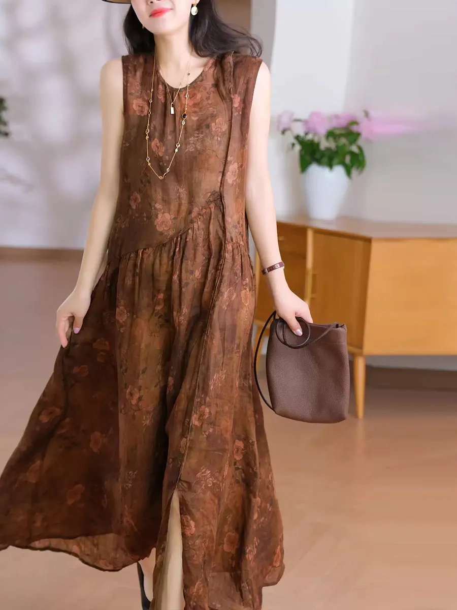 Women Summer Retro O-Neck Flower 100%Ramie Vest Dress
