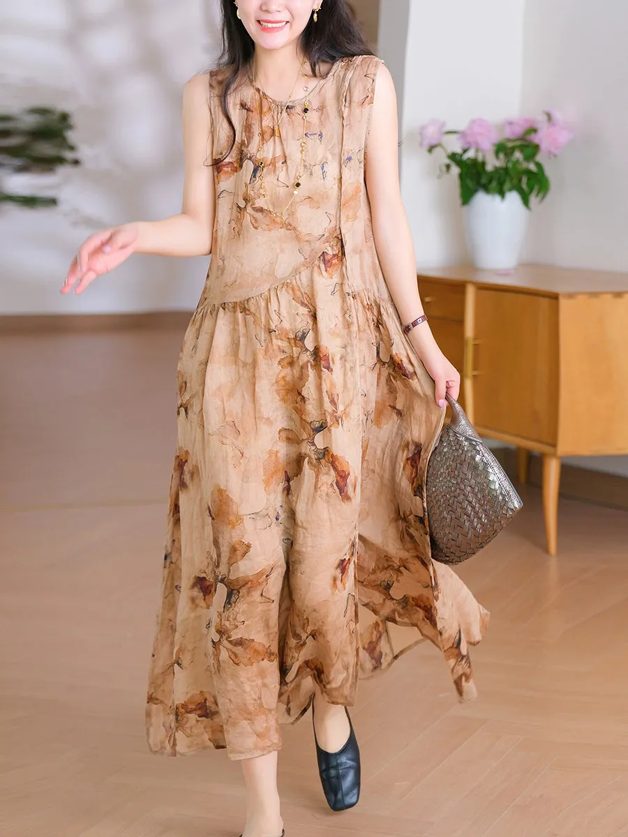 Women Summer Retro O-Neck Flower 100%Ramie Vest Dress