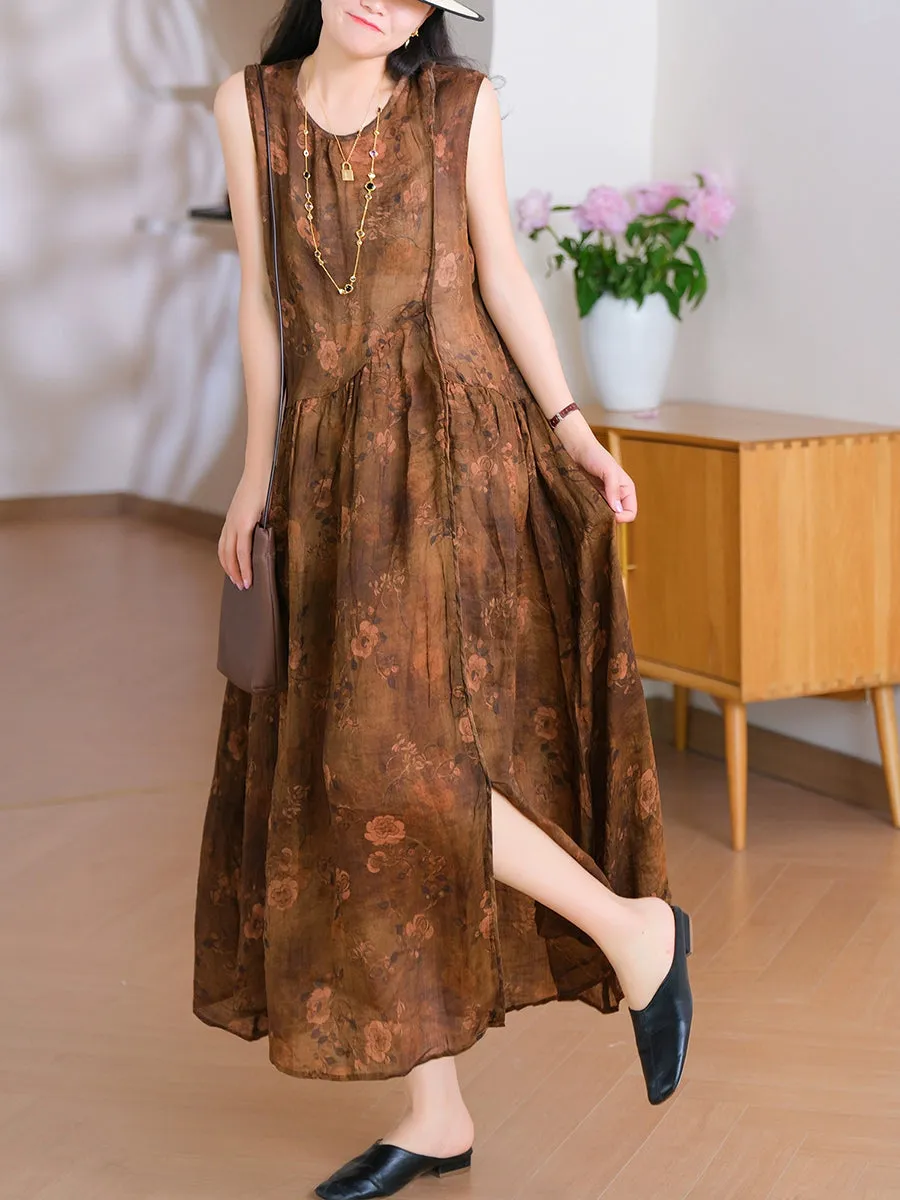 Women Summer Retro O-Neck Flower 100%Ramie Vest Dress