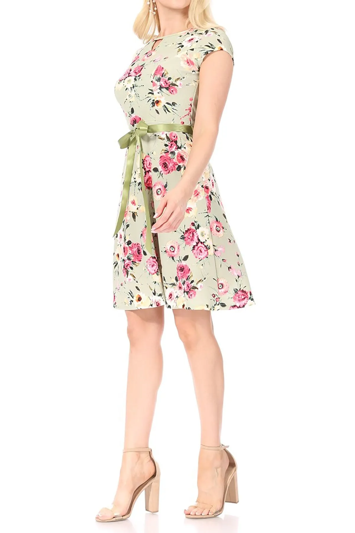 Women's Floral Flared A-Line Swing Casual Party Dresses, Short Sleeve, and Belted.