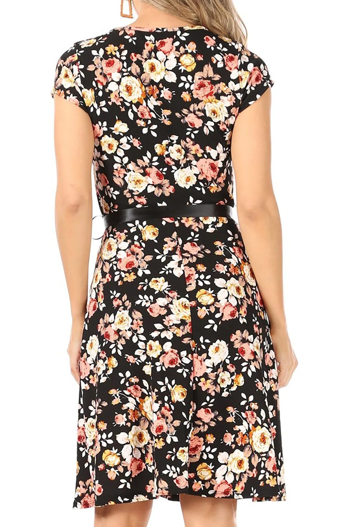 Women's Floral Flared A-Line Swing Casual Party Dresses, Short Sleeve, and Belted.