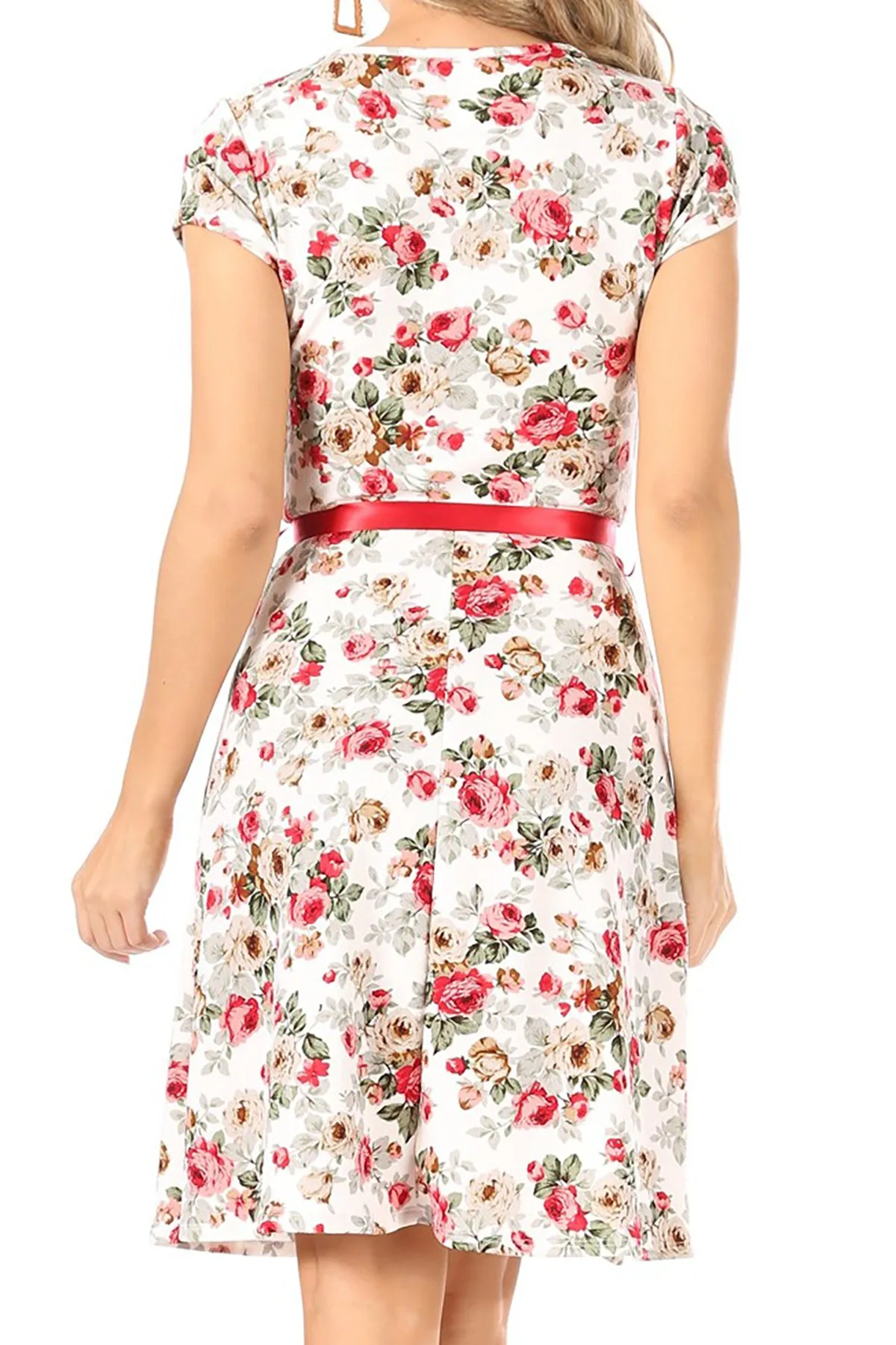 Women's Floral Flared A-Line Swing Casual Party Dresses, Short Sleeve, and Belted.
